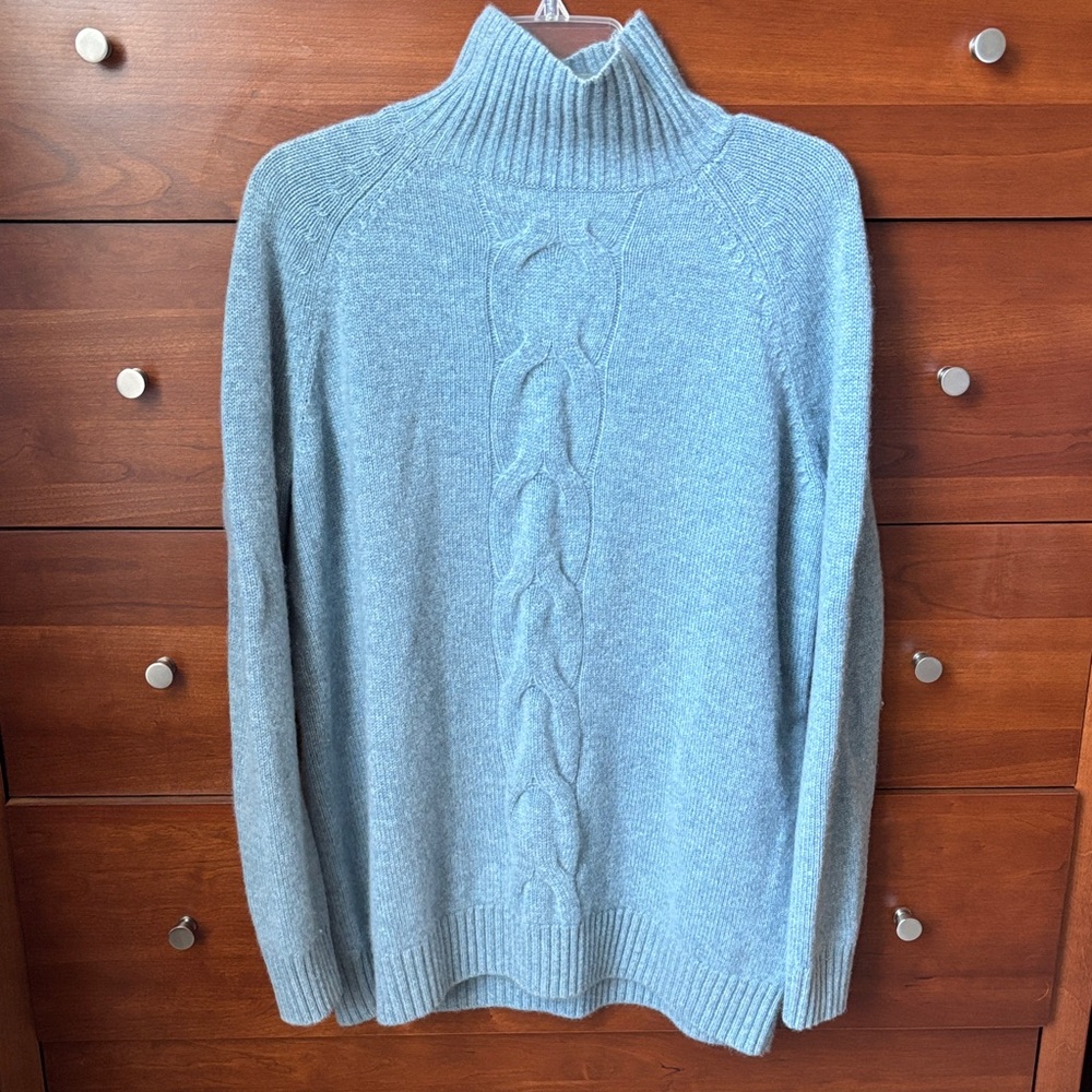 Garnet Hill Mock Neck Heather Blue Cable Sweater Tunic, M, Gorgeous & Soft! 💙